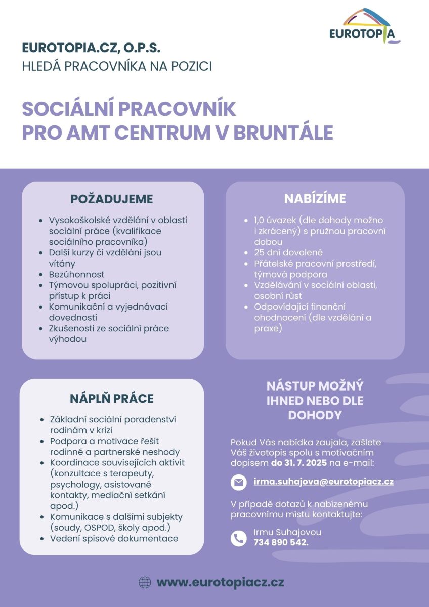 Eurotopia.cz, o.p.s. hledá sociálního pracovníka